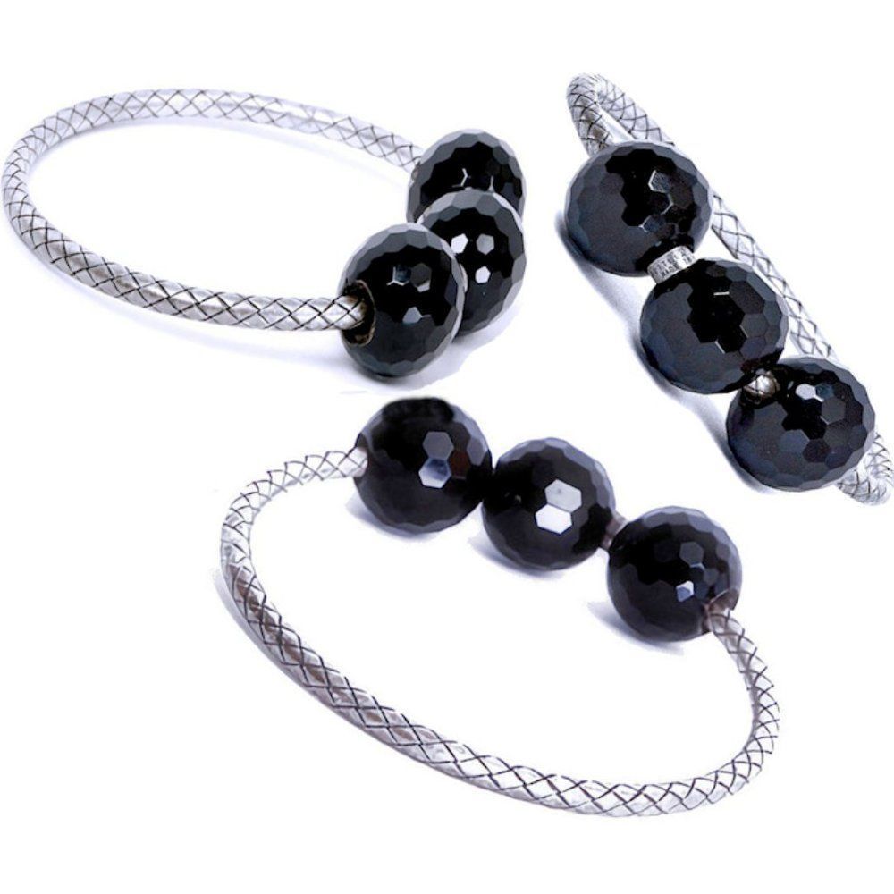 Vintage BOTTEGA VENETA Onyx Bead Intrecciato .925 Silver Bangle Bracelet